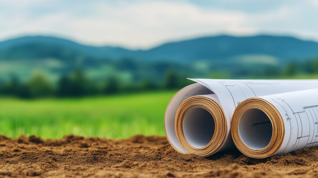 The Three Most Dangerous Words in Land Development: 'Utilities Are Available' areas for construction or land for sale, engineer doing quality control checking at vacant land. architect or blueprint with rolling hills in the background, land evaluation planning.